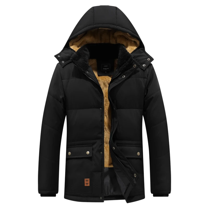 Men Fashion Hooded Fur Collar Jacket Windproof Parkas Winter Warm Lining Jackets Men Fur Hooded Coat Large Pockets Overcoat