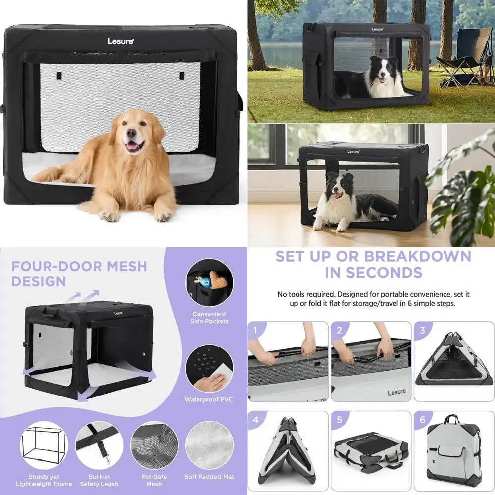 

Portable Extra Large Dog Crate - Collapsible Travel Kennel with 4 Doors and Mesh Windows, Suitable for Indoor and Outdoor Use