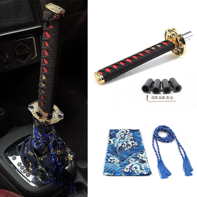 Uniwersalne osłony przeciwpyłowe na gałkę zmiany biegów z adapterami, z gałką zmiany biegów w kształcie miecza JDM Katana Samurai o długości 150 mm/200 mm, dźwignia zmiany biegów samochodowa.