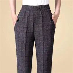 Spring and Autumn Women's Solid Stripe High Waist Elastic Pocket Straight Sleeve Loose Fit Fashion Elegant Commuter Casual Pants