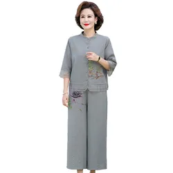 Summer Two Piece Sets Womens  Vintage embroidery Chinese style Short-Sleeved Middle-Aged Mother Clothes  Casual Shirt Pant Suits