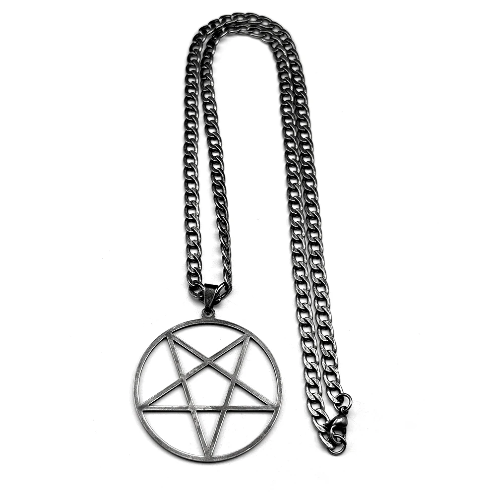Gothic Hexerei Satan Pentagramm Edelstahl Kette Halskette für Frauen Männer Schwarz Farbe Charme Große Anhänger Halskette Schmuck – Detail 7