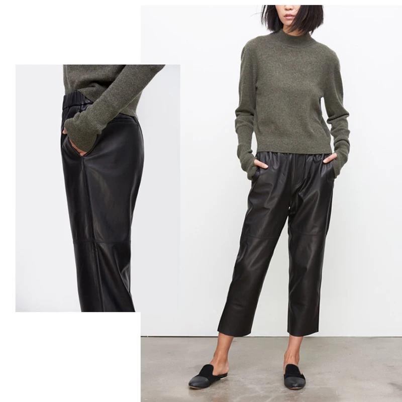 

Women Harem Pants Real Leather Pants Women Leather Tousers Mid Waist Plus Size 2022 New Elastic Waist Calf-length Pants