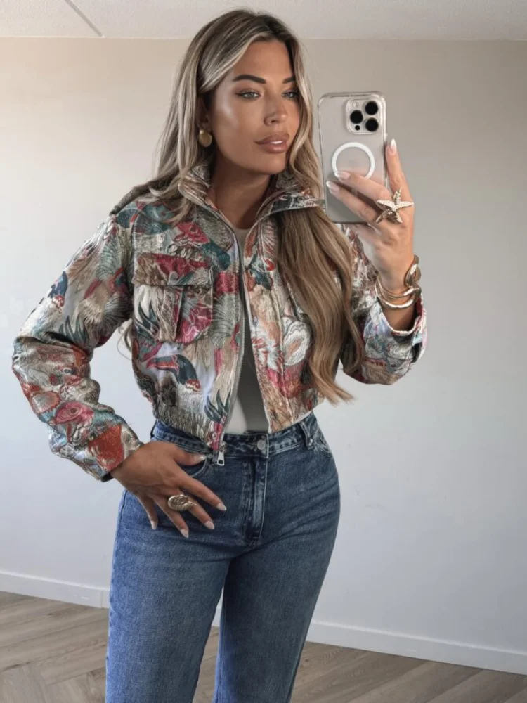 Chaquetas estampadas coloridas a la moda para mujer, abrigos informales holgados de manga larga con bolsillo y cremallera, prendas de vestir exteriores elegantes de calle para otoño 2025