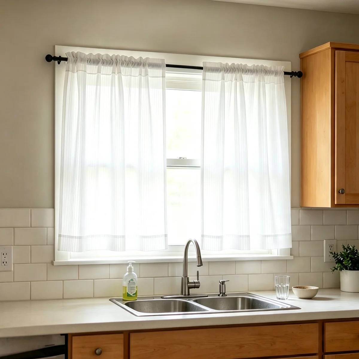Vertical Stripe White Light Filter Sheer Curtains, Short Rod Pocket Transparent Voile for Household Small Windows