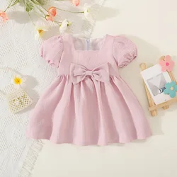 Summer Girls' Short sleeved Dress Summer Solid Color Small Bow Bubble Sleeves Sweet Square Neck Princess Dress