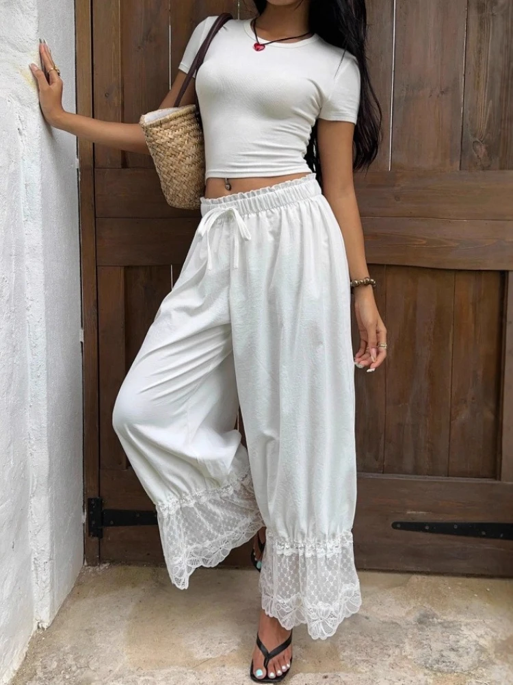 Bohemian Style Wide Leg Pants with Lace and Lace Stitching, Elastic Waist, Loose Fit, Casual Pants, Beach Vacation Pants