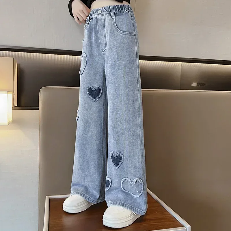 Wide Leg Jeans for Girls 2024 Spring Pants for Kids Blue Heart Fashion Casual School Teenage Children Trousers 10 12 13 Years