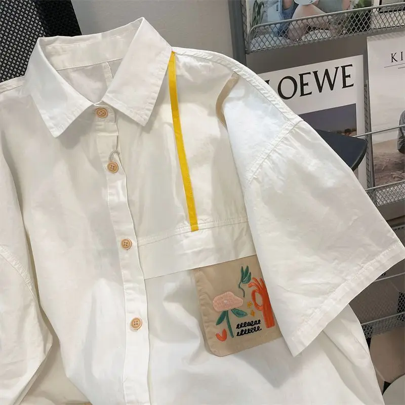 Harajuku Y2K Embroidery Cartoon Funny Lapel Shirts Summer White Cotton Single Breasted Shirt Preppy Student E-girl Kawaii Blouse view 3