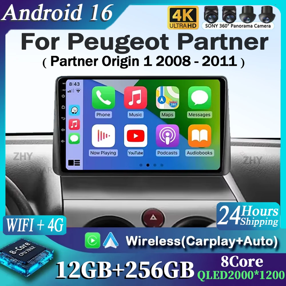 Radio Multimedia para Auto con Android 16 y Carplay para Peugeot Partner 1 2002-2008 y Partner Origin 1 2008-2011, Reproductor de Video, GPS, DSP