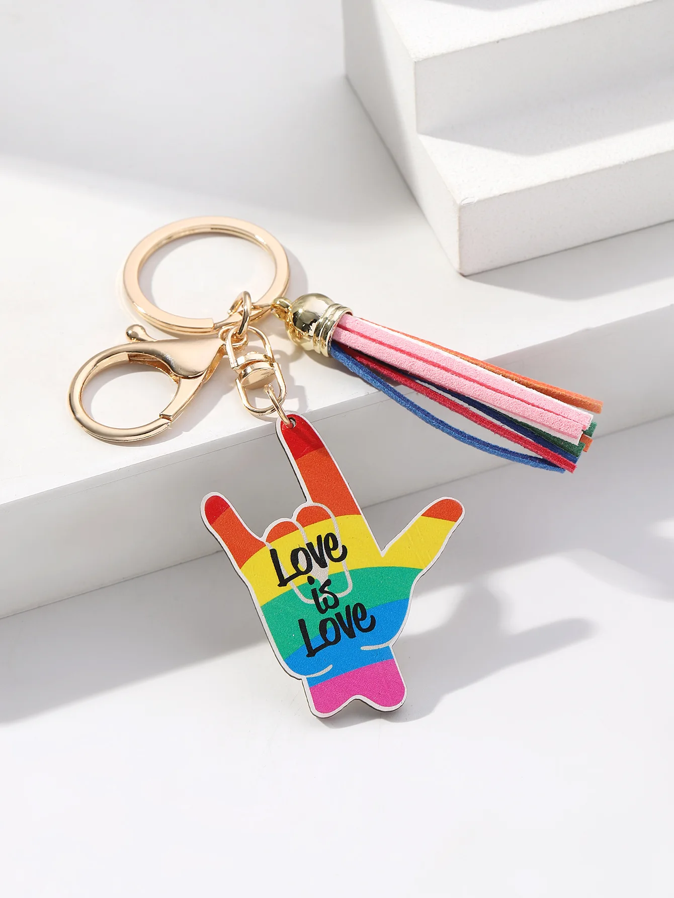 Gay Pride Flag Keychain Rainbow Heart LOVE is LOVE English Letter Tassel Hanging Key Ring