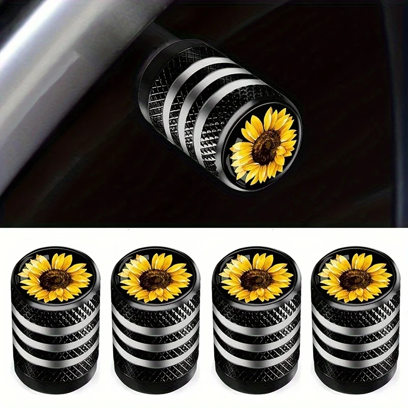 4pcs Sunflower Tire Valve Caps Stem Cover, Tire Air Valve Cover Aluminum Alloy Anti Corrosion Valve Caps for Bike Bicycle Cars T