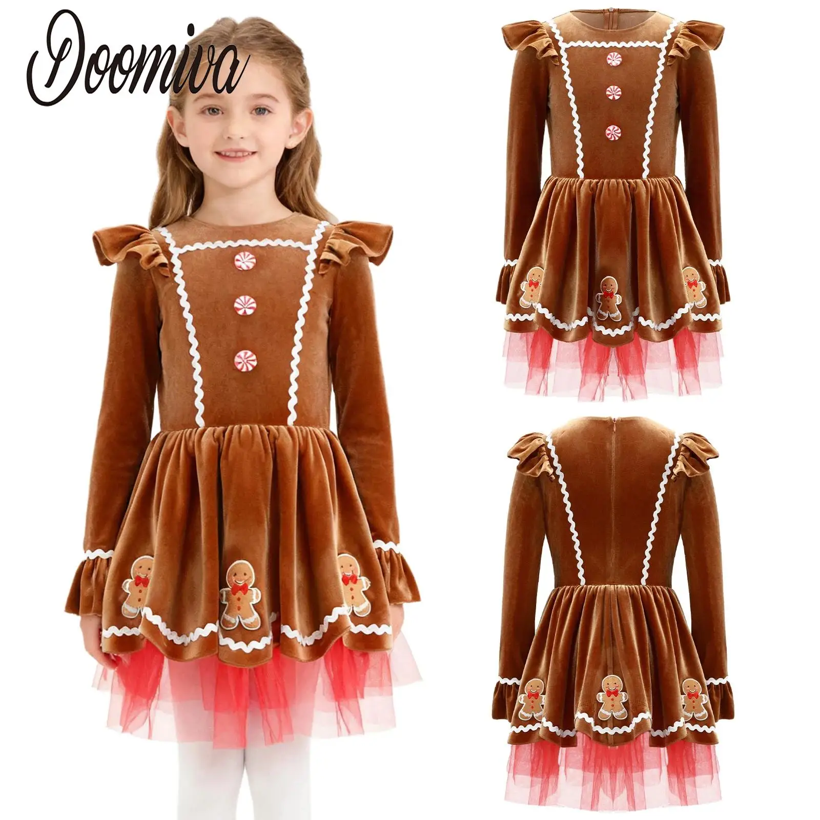 

Girls Christmas Leotard Gingerbread Man Costume Ballet Dance Dress for Figure Skating Dancewear Long Sleeve Leotards Tulle Dress