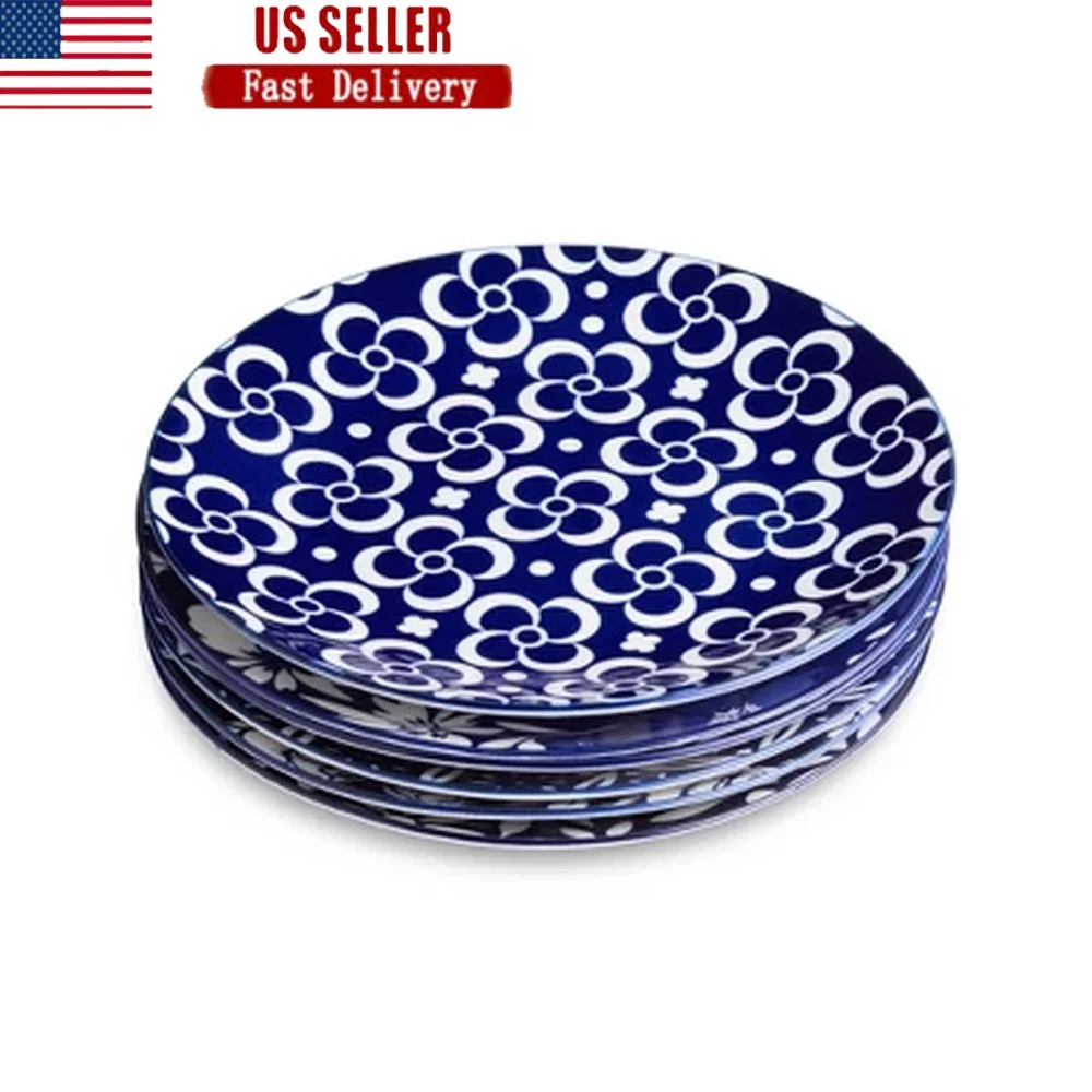 

Set of 6 Microwave Safe Porcelain Salad Plates 8.5 Inch Round Unique Floral Geometric Designs Dishwasher Safe Serveware