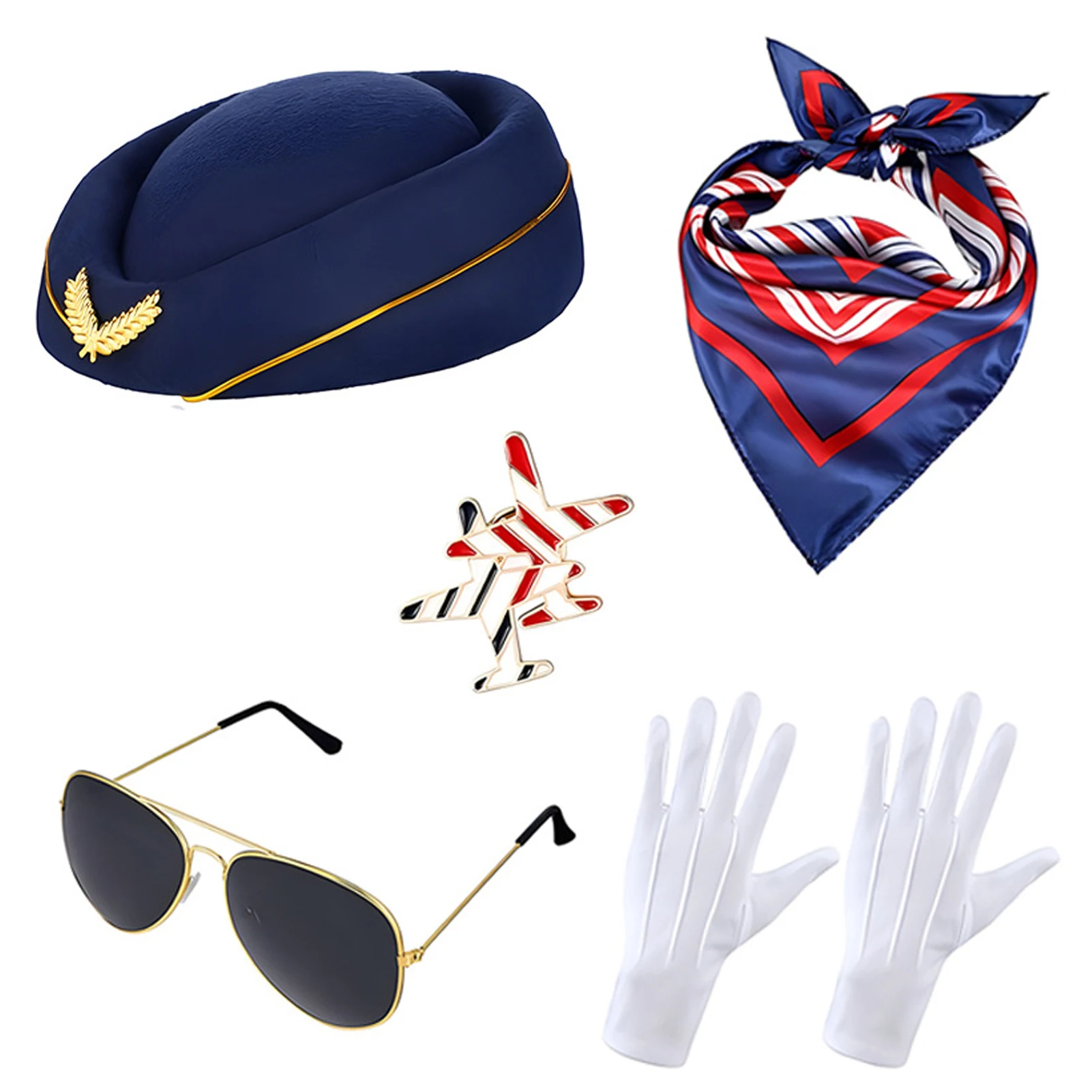 Neue Damen-Kleidungszubehör für Flugbegleiterin, Flugbegleiterin-Kostüm, Flugbegleiter-Mütze, Sonnenbrille, Schal, Handschuhe