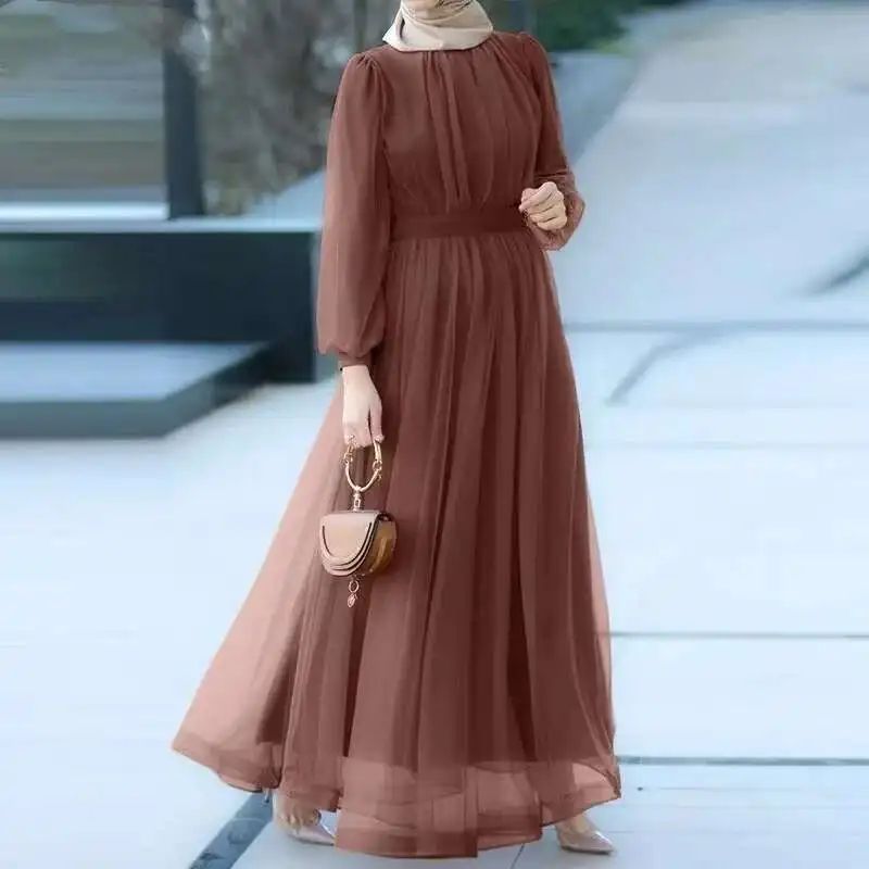 2025 New Muslim Long Sleeved Fashionable Casual Mesh Double Layered Pleated Elegant Dress Ramadan Dubai Luxury Islam Elegant