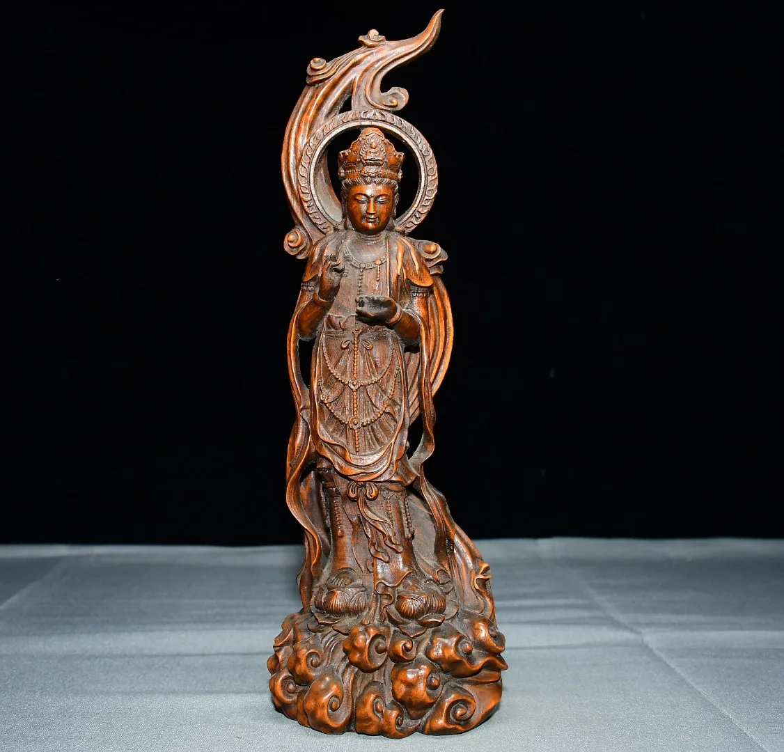 Old Boxwood Flame head backlight Guanyin Bodhisattva Station Buddha Lotus base Amitabha Buddha Study Amass wealth