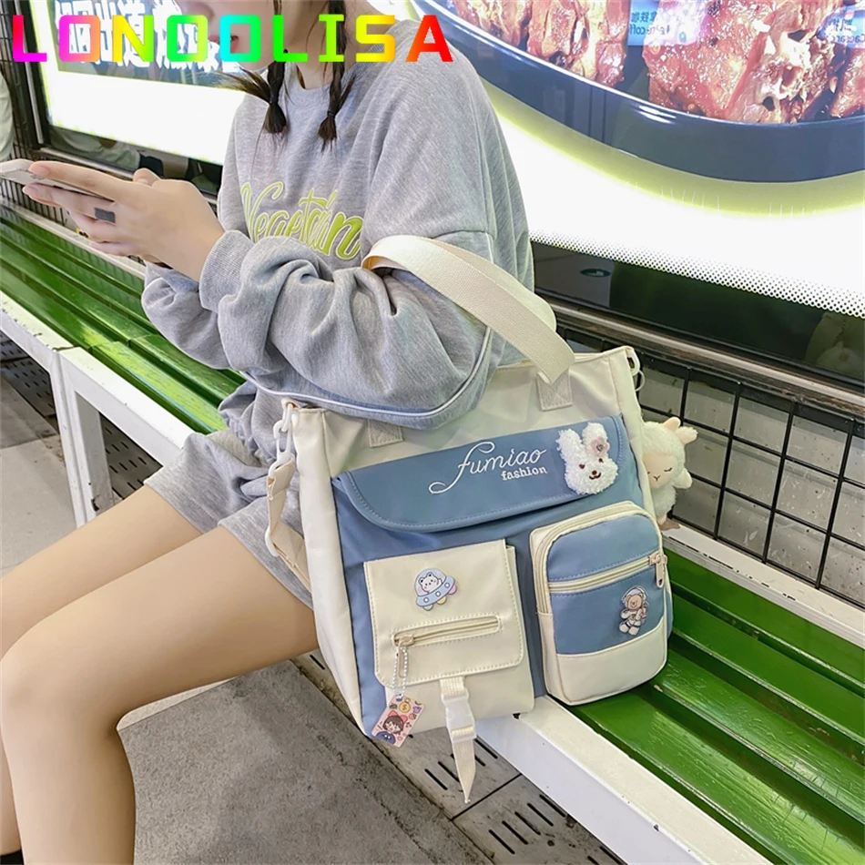 Cute Shoulder Tote Girls Bags Kawaii Preppy Trendy Nylon Patchwork School Bookbag for Teenager Fashion Student Crossbody Handbag