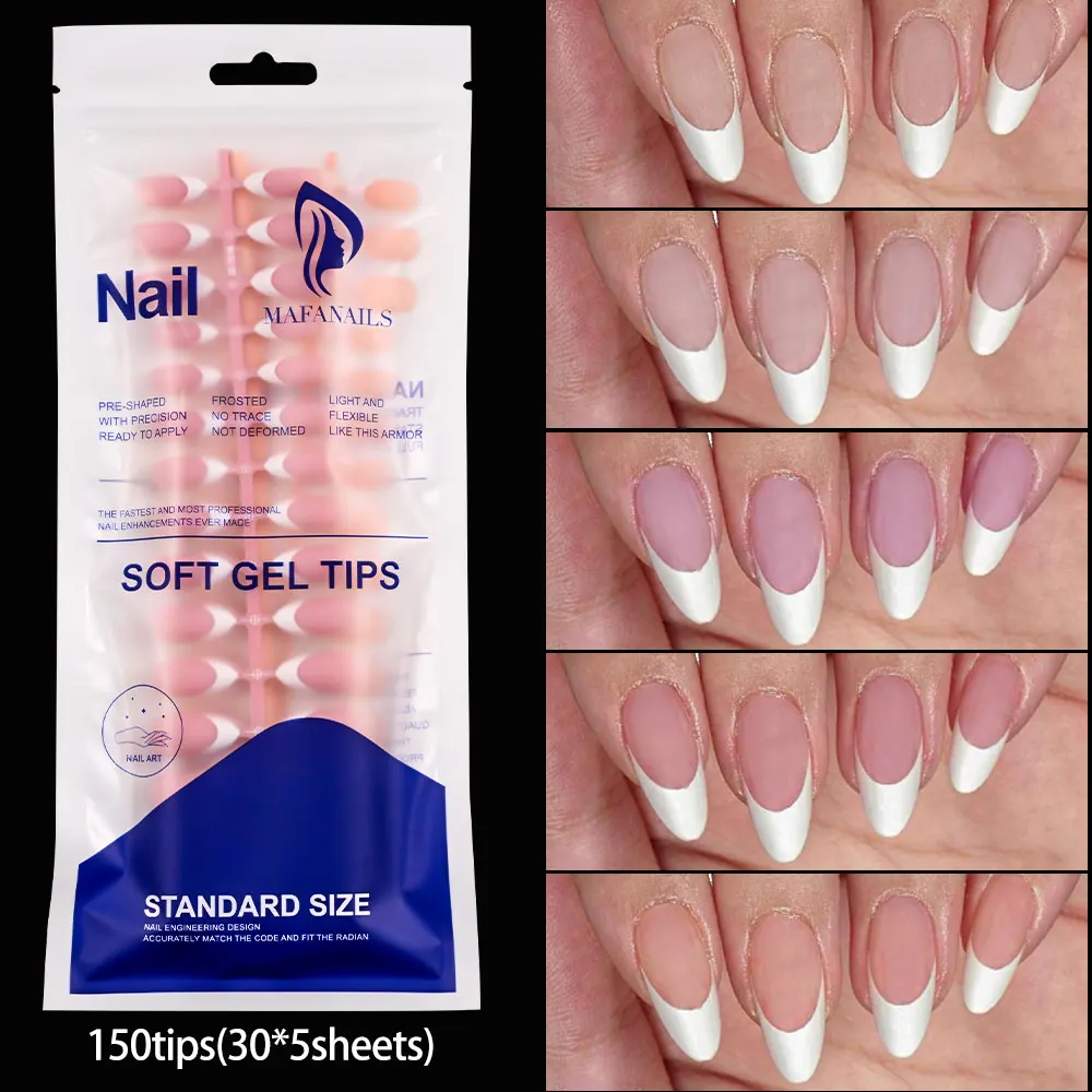 30 Uds. x 5 hojas = 150 Uds. De uñas postizas francesas de almendra mate rosa desnudo, prensa corta de almendra en uñas, puntas francesas, Gel suave, puntas de almendra mate