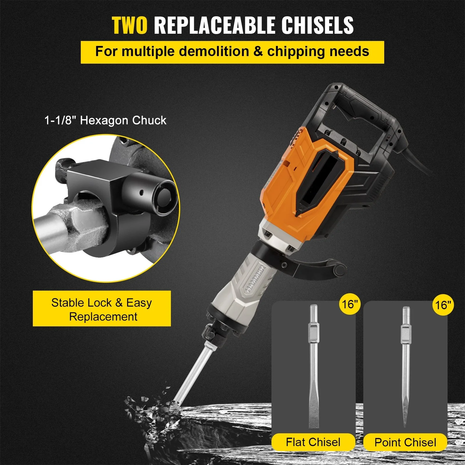 4500W Demolition Jack Hammer Industrial Electric Jackhammer For Demolishing, Chipping Heavy Duty Concrete Breaker w/Chisel