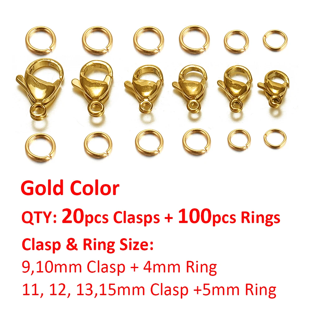 20pcs 9-15mm Stainless Steel Gold Plated Lobster Clasp Jump Rings for Bracelet Necklace Chains DIY Jewelry Making Findings