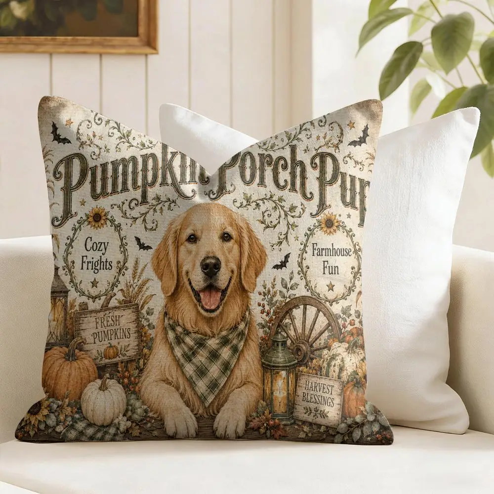 Golden Retriever Boo Party Cushion Cover Natural Linen Organic Fabric Double-Sided Printing Breathable Perfect Gift For Decor