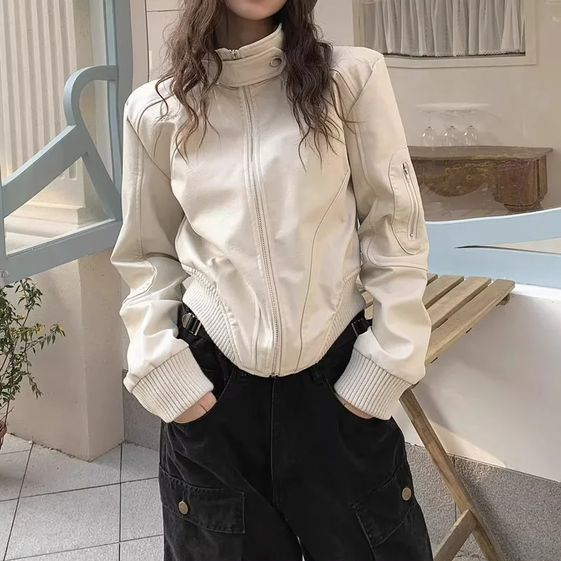 

Women Jacket Coat 2026 Spring Autumn Women's Vintage Short Cargo Leather Jacket Fashion Motorcycle Coat