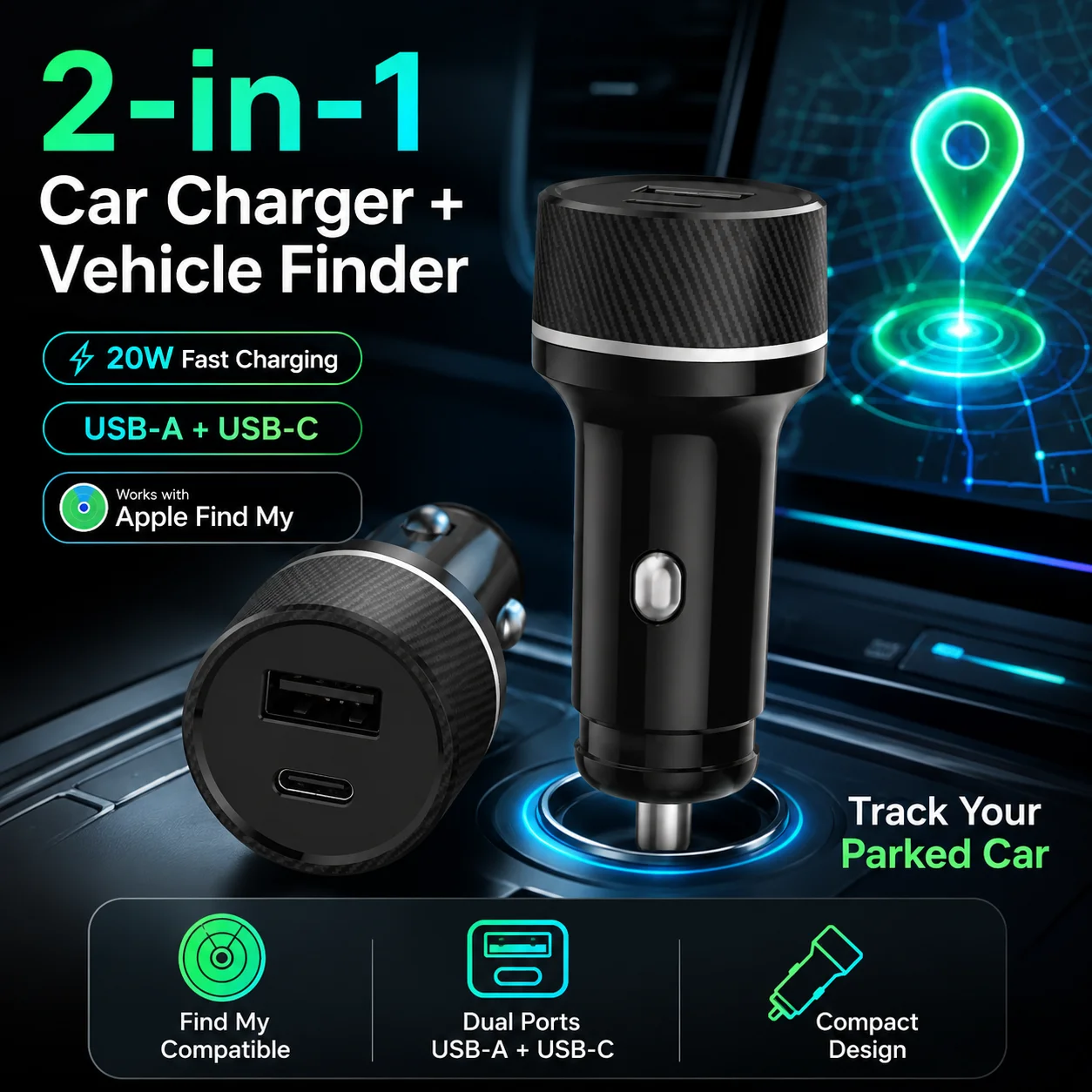 Universal Mini GPS Locator Track Car Charger Cigarette Lighter USB Type-C Adapter Use For iPhone IOS Apple Find My APP