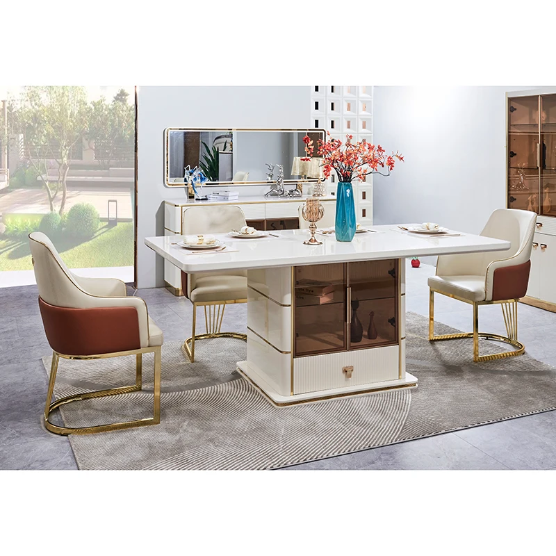 White Modern Deluxe Dining Table Set 6 Seats Wooden Dining Room Furniture Full Set Household Wooden Frame Dining Table Set 4 Cha