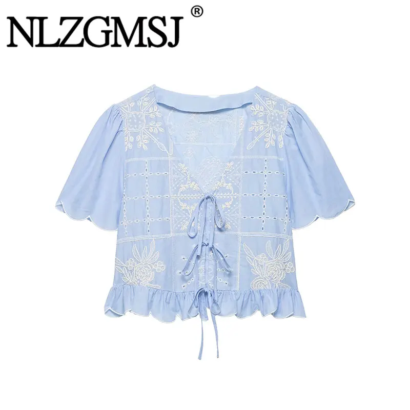 NLZGMSJ 2026 Summer Women Casual Embroidery Hollow Out Blouse Patchwork Bow Lace Up Puff Sleeve Loose Shirt Female Crop Top