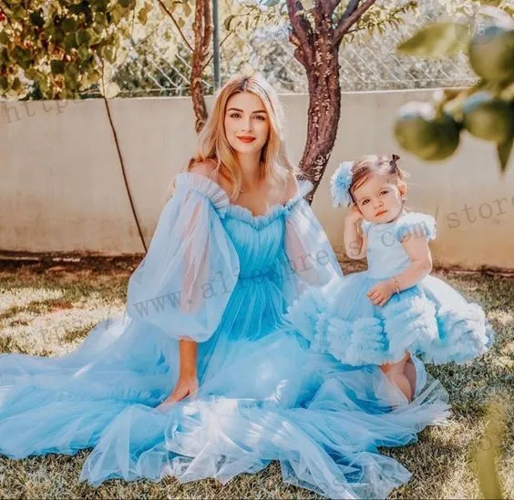 Mama En Ik Bijpassende Jurken Voor Fotoshoot Zachte Tule Hemelsblauwe Unieke Off Shoulder Lange Mouw Moeder En Dochter Jurk