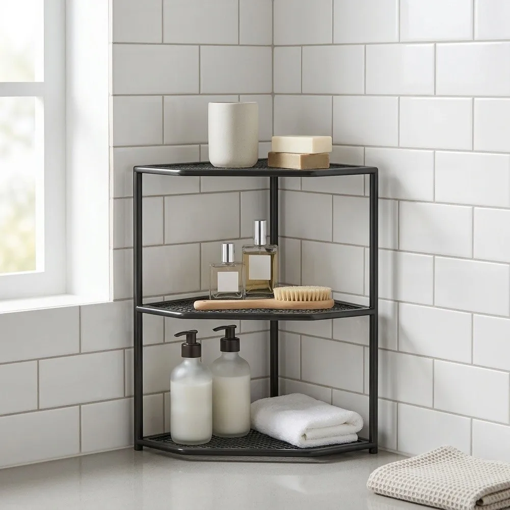 3-Tier Corner Bathroom Counter Organizer for Skincare and Cosmetic Storage with Clean Lines and Functional Layout