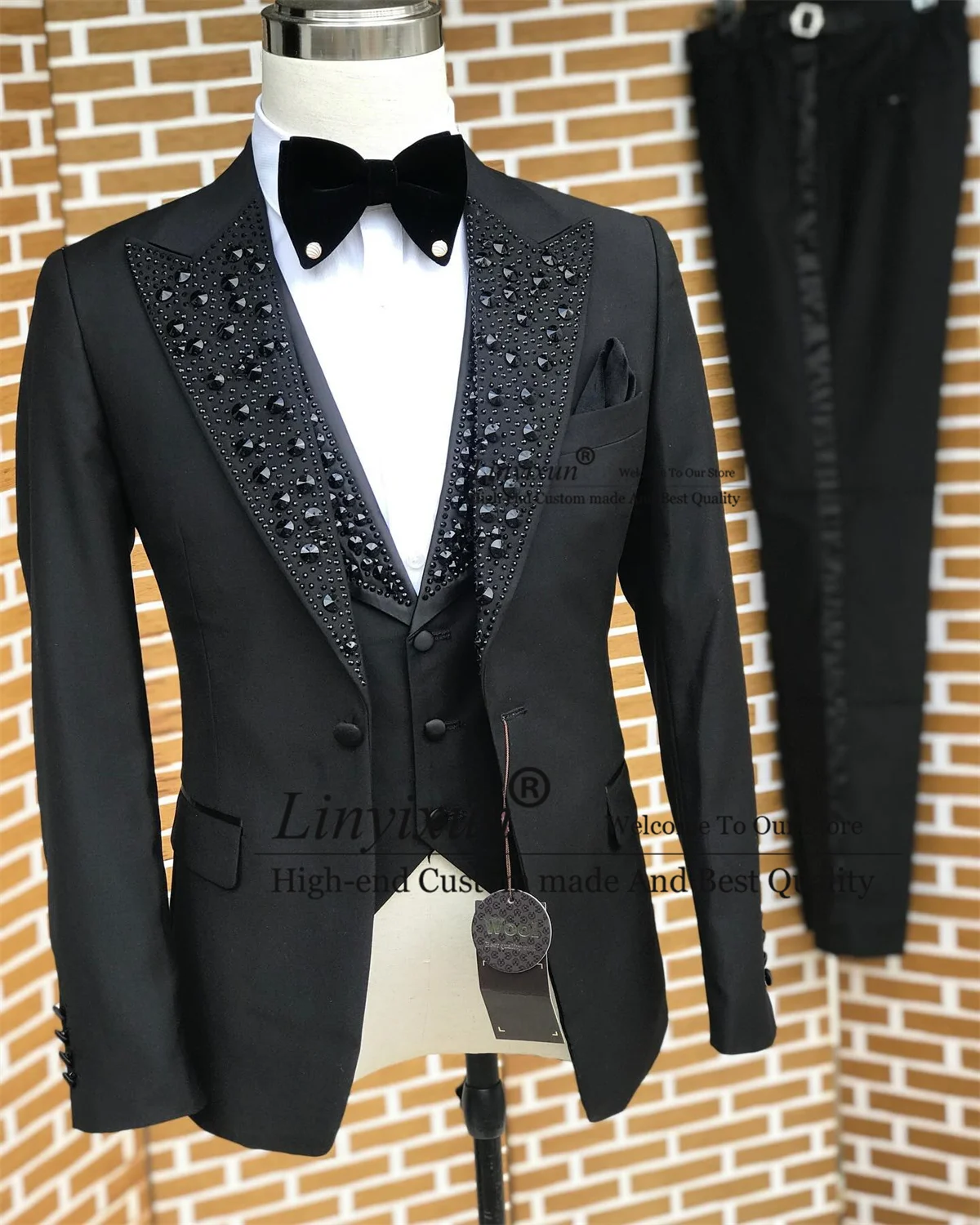 Formal Black Men Suits With Beaded Crystals Groom Wedding Tuxedo 3 Pieces Sets Birthday Male Prom Blazers Slim Fit Costume Homme