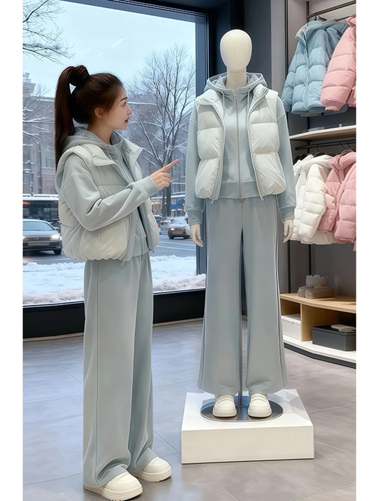 

Faionable Hooded Sweatirt Vest High Waist Wide Leg Pants Tee Piece Set Warm Slimming Casual Wear for Autumn Winter