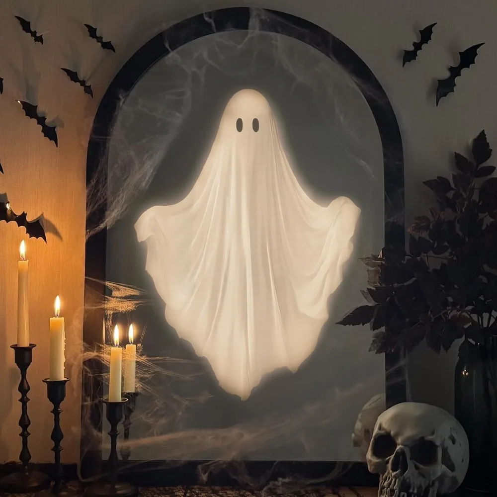 Indoor Halloween Decorations: Ghost Hologram Mirror, 31.5 x 21.6, with Remote Control and Spooky Wall Hanging Ghosts
