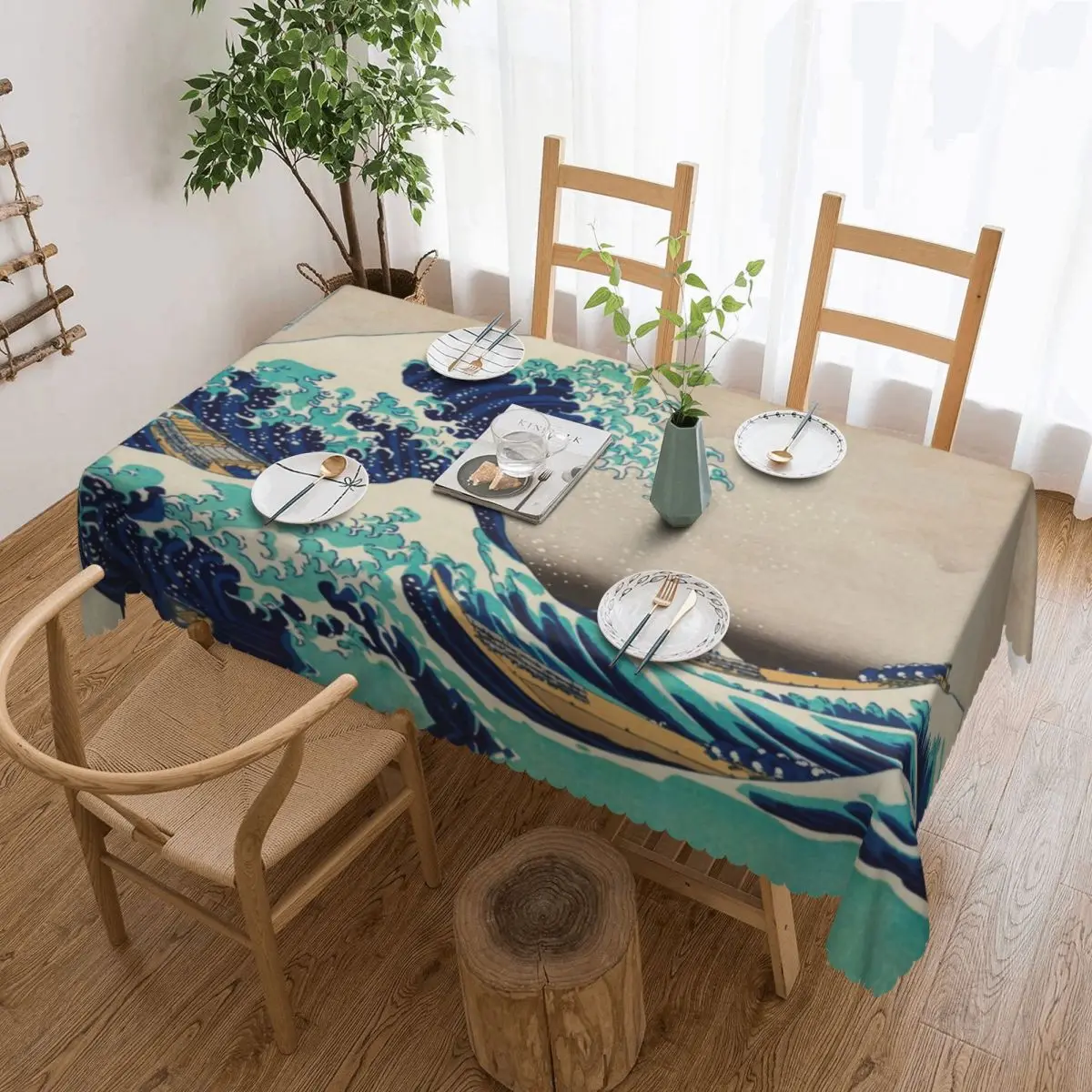 

Great Wave Off Kanagawa Vintage Japanese Tablecloth Rectangular Waterproof Table Cover Cloth for Dining Room