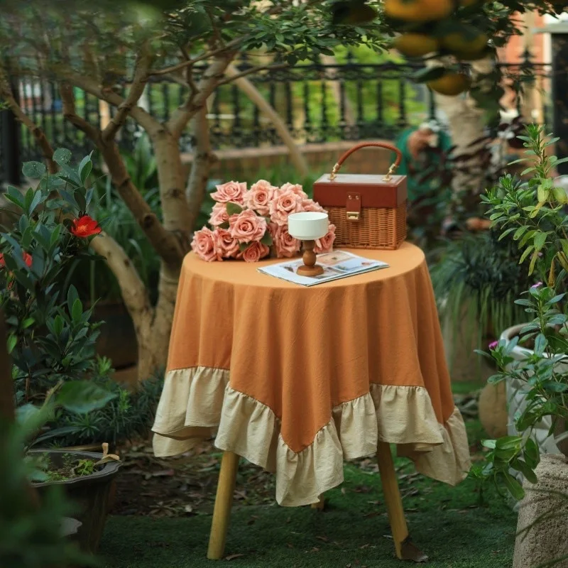 Farmhouse Rustic Ruffle Tablecloth Washable Natural Cotton Round Table Cover for Kitchen, Wedding, Restaurant, Party Decoration