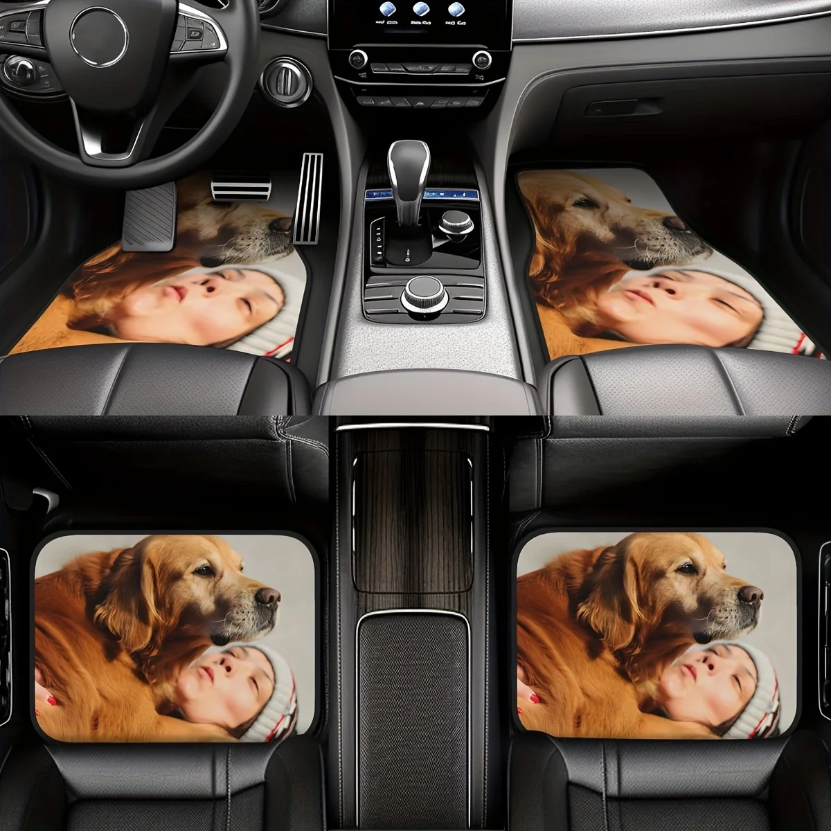 4pcs Personalized Car Floor Mat Set With Cute Dog & Woman Design - Polyester, Universal Fit For Van, Truck & Sedan - Add Your Ph