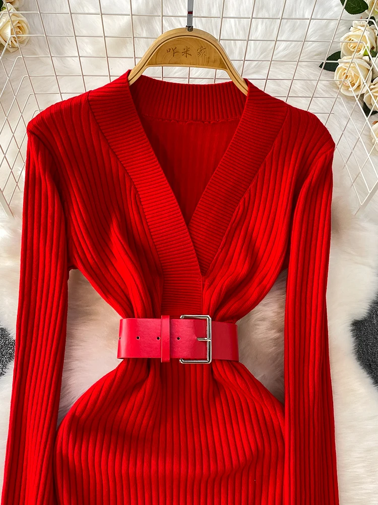 Herfst Winter Vrouwen Elegante Cross V-hals Lange Mouwen Jurk Nieuwe Rode Taille Cinched Bottom Gebreide Lange Jurk S165