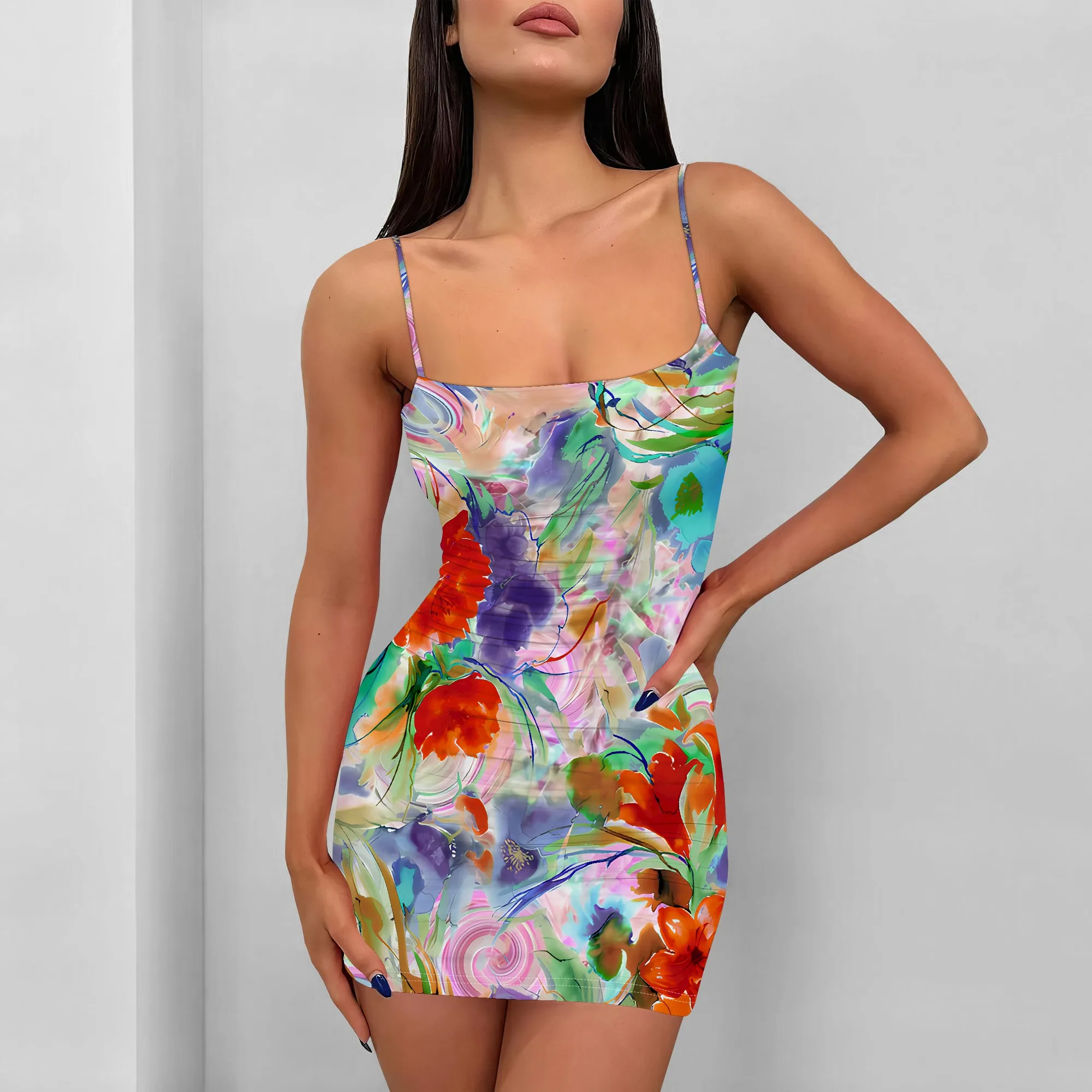 

Women's Pullover Sexy Sleeveless Crew Neck Spaghetti Strap One-Shoulder Fashion Printed Summer Casual Mini Dress
