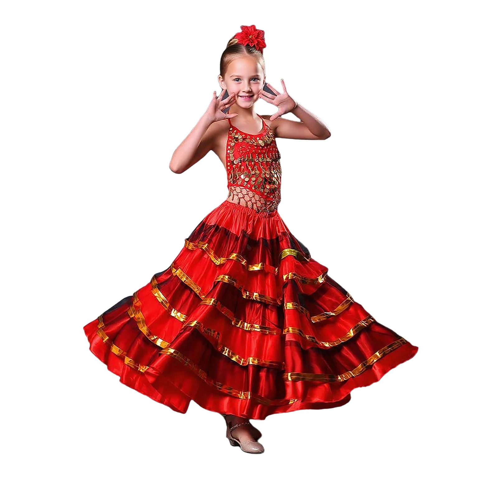 Kids Girls Flamenco Dance Spanish Paso Doble Skirt Tiered Ruffles Wide Hem 180 Degrees Satin Skirts for Latin Ballroom Tango