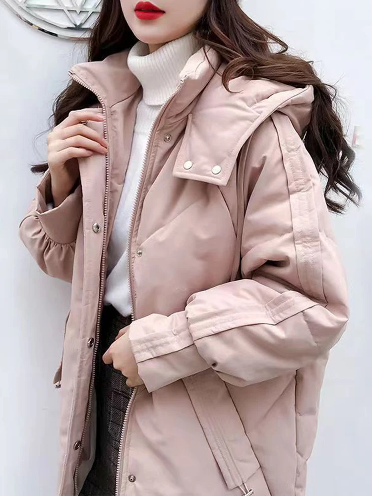 

2023 Winter New Fashion Long Loose Down Cotton Coat Black Pink Hooded Parkas Jacket Thick Warmth Clothing