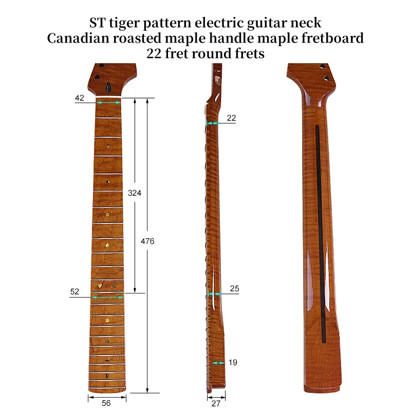 Tiger pattern Canadian roasted maple 6 strings 22 frets round frets bright light 5.6ccm wide DIY electric guitar neck