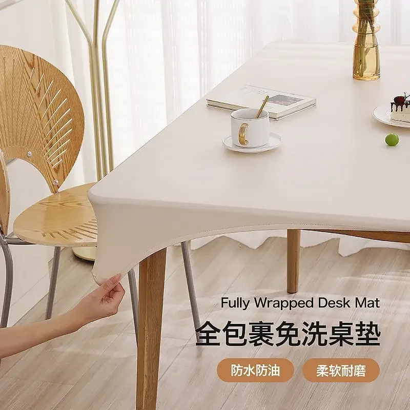 Cubierta de mantel impermeable a prueba de aceite con superficie de cuero de 90x180cm para mesa de comedor, tapete de mesa cuadrado rodeado, protección elástica