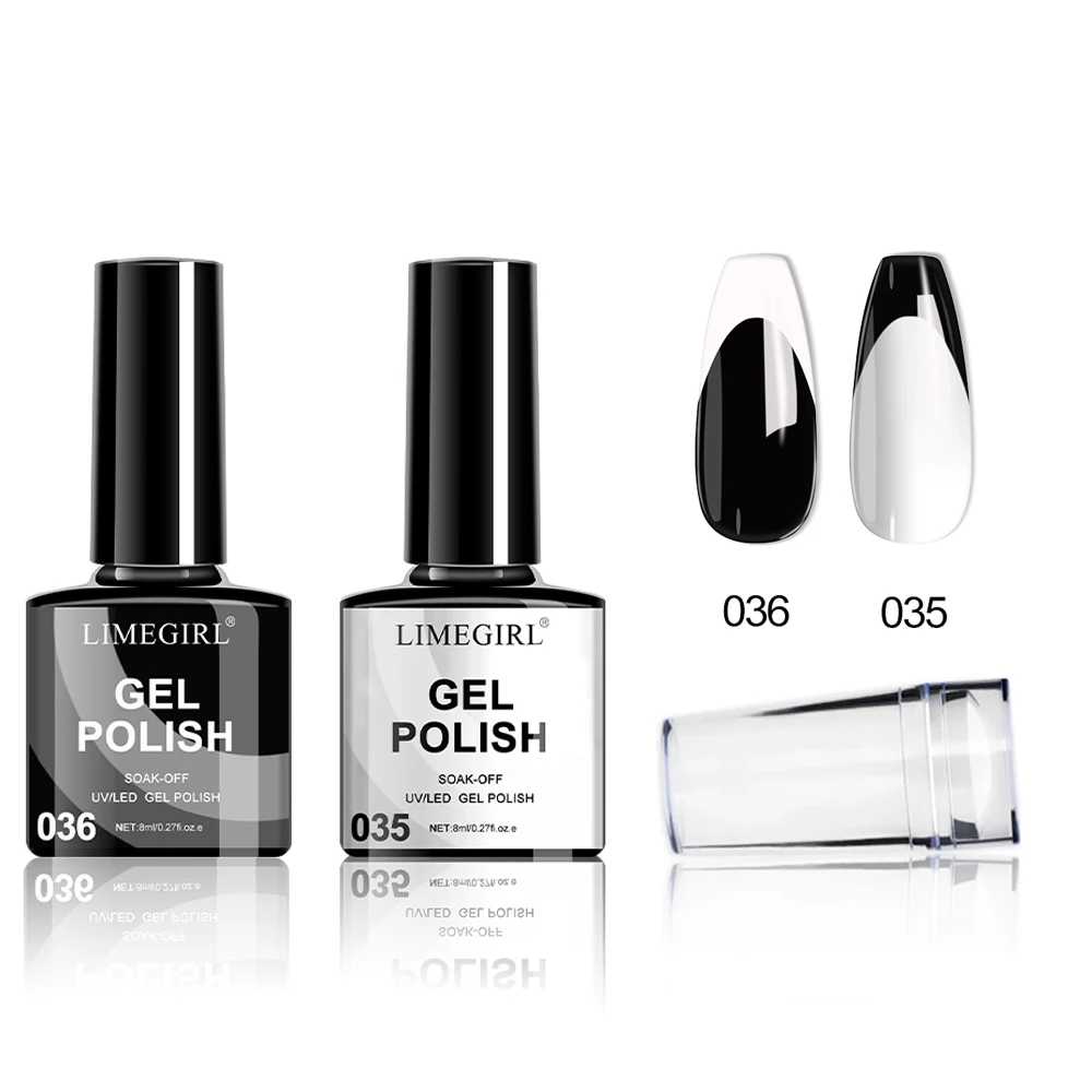 LIMEGIRL 8-ml-Gel-Nagellack-Set mit eingeprägtem French-Nagelkunst-Design, schwarz-weißes, einweichendes UV-Gel-Nagellack-Maniküre-Set