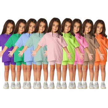2026 Summer Essential Kids Baby Girls Clothes 2 Pieces Tracksuit Set Short Sleeve Cotton T-shirt+Leggins Shorts Outfits Suit 1