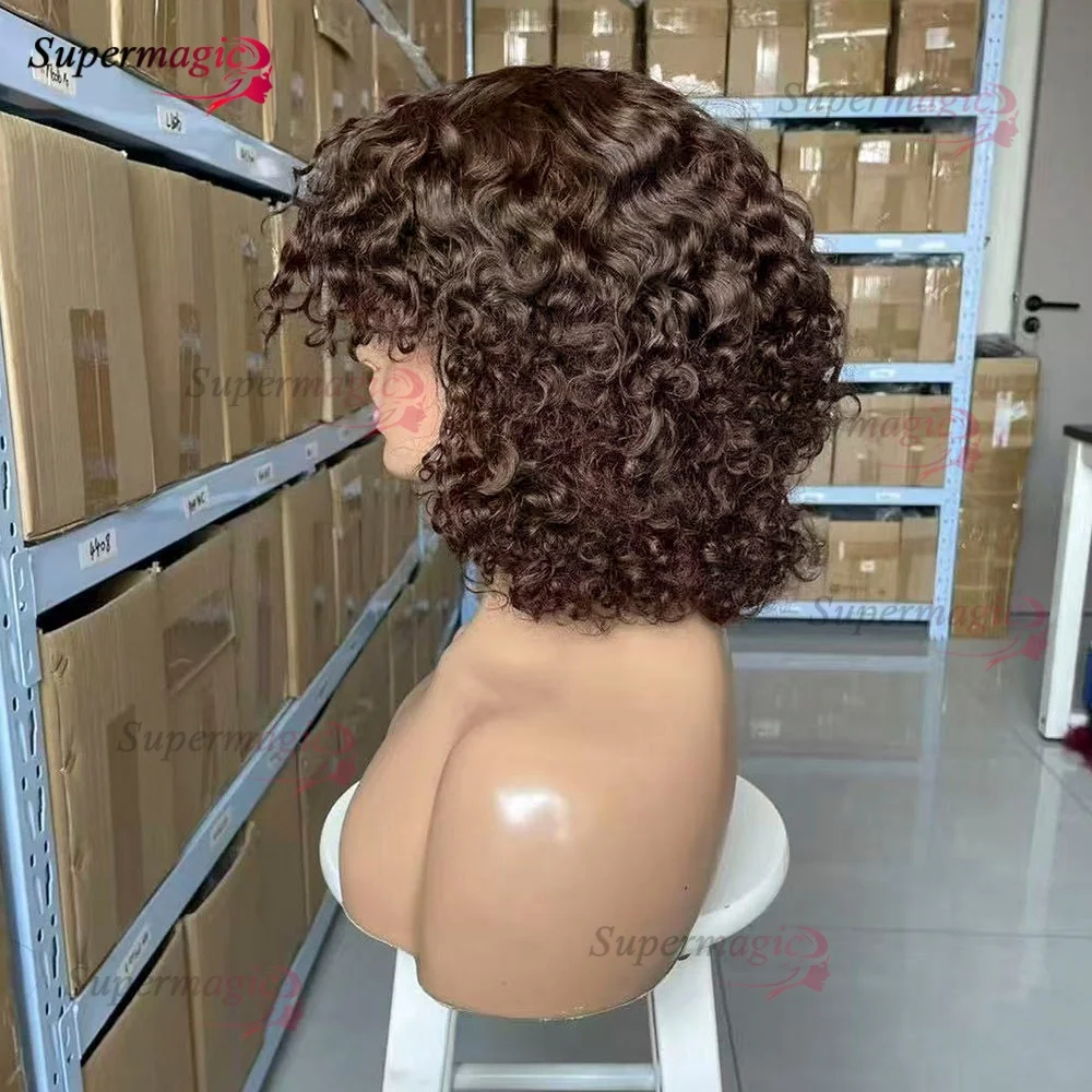 شوكولاتة براون # 4 12 بوصة موجة المياه غلويليس شعر مستعار شعر الإنسان جاهز لارتداء متموج ريمي الشعر الهندي غير الدانتيل بوب شعر مستعار مع الانفجارات