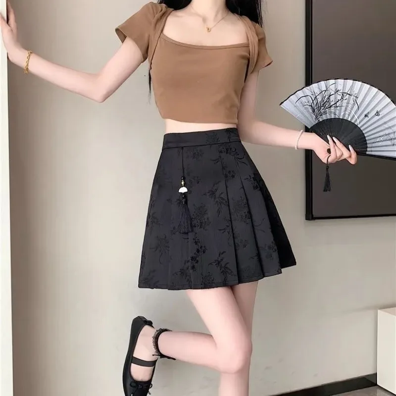 Latest Summer Chinese Traditional Style Jacquard Horse-face Skirts Women's High Waisted Slim Pleated Plus Size Short Dresses