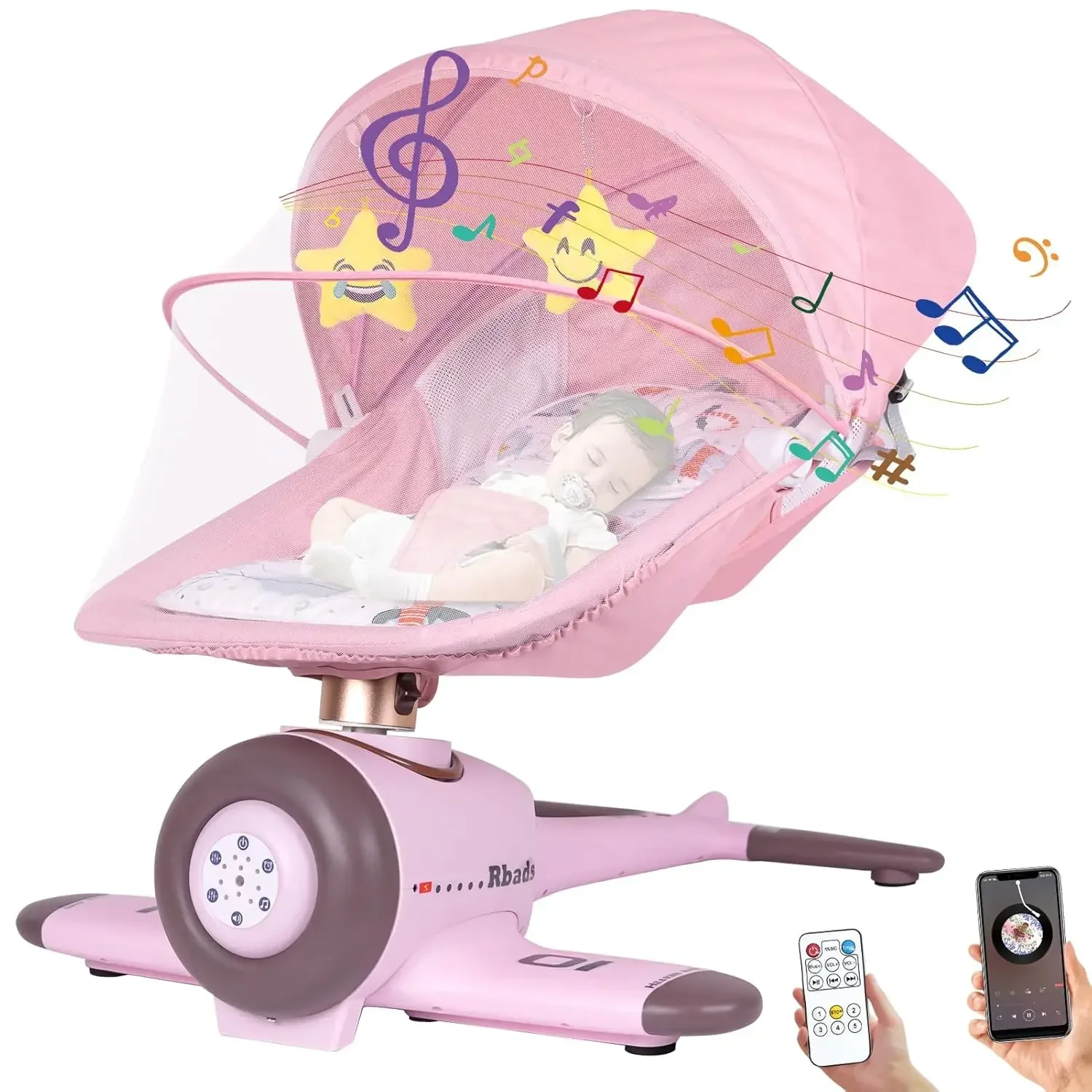 Electric Baby Bouncer & Rocker Rocking Chair Bed Bluetooth Baby Crib Cradle with Remote Control & Music Mosquito Net Aircraft
