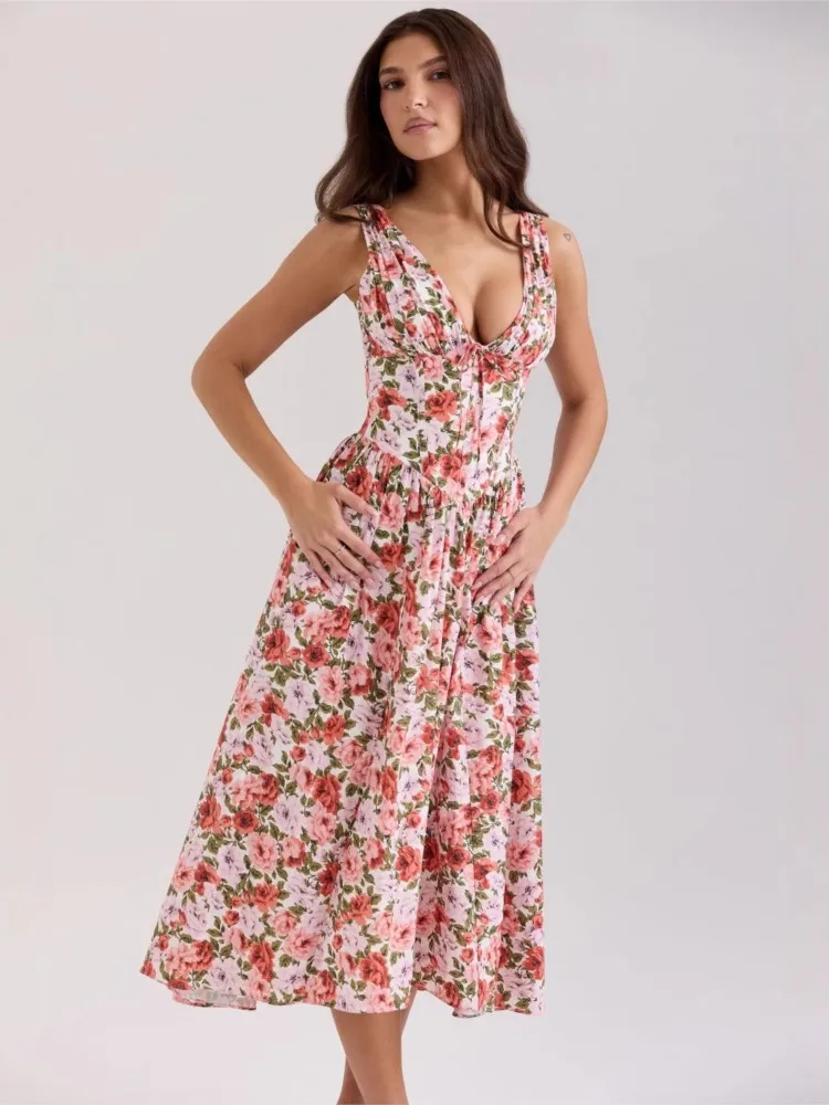 新しい夏の女性のプリントレースアップMIDIドレス、花柄ドレス、ノースリーブドレス、婦人服、休暇ドレス、エレガントドレス